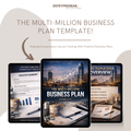 Promotional graphic for 'The Multi-Million Business Plan Template' by Entryprenear, featuring tablets displaying business plan content.